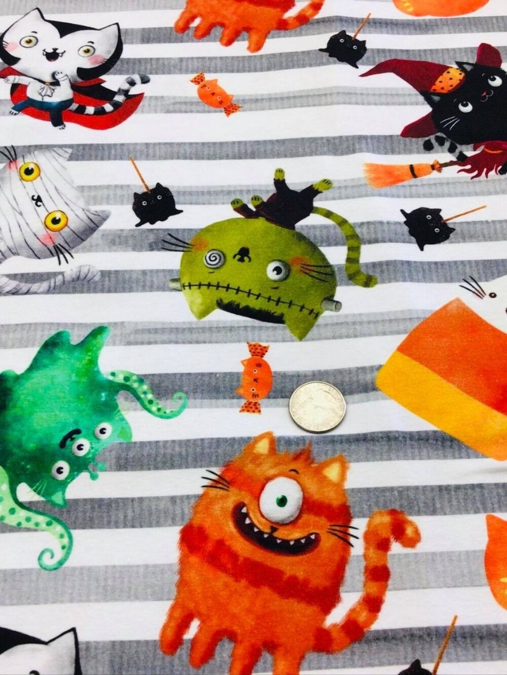 Cotton French Terry - Halloween Cats On Stripes Custom Printed Knit Fabric